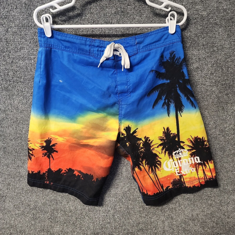Corona Extra Board Shorts Mens M Beer Logo Hawaiian Palm Tree Swim Trunks